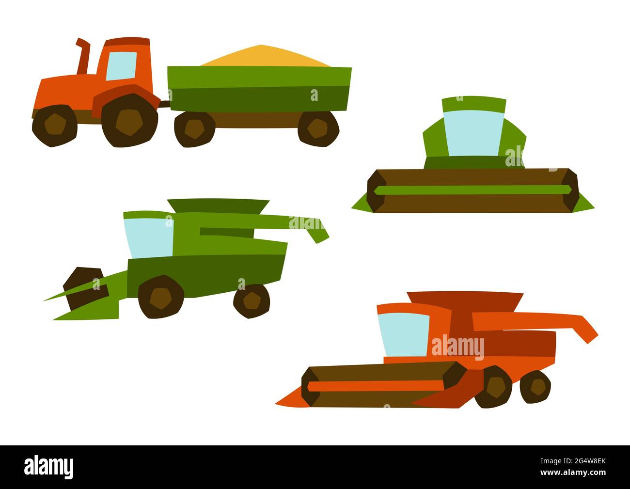 Ensemble agricole d'articles de récolte. Moissonneuses-batteuses et tracteur. Illustration de Vecteur