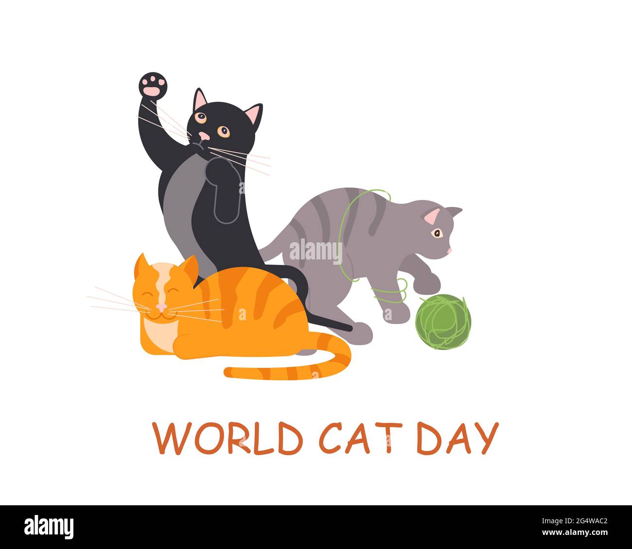 Carte de vœux avec chatons amusants et motif plat. Joyeux jour de chats, animaux dans différentes poses assis, debout, jouer. Banque D'Images