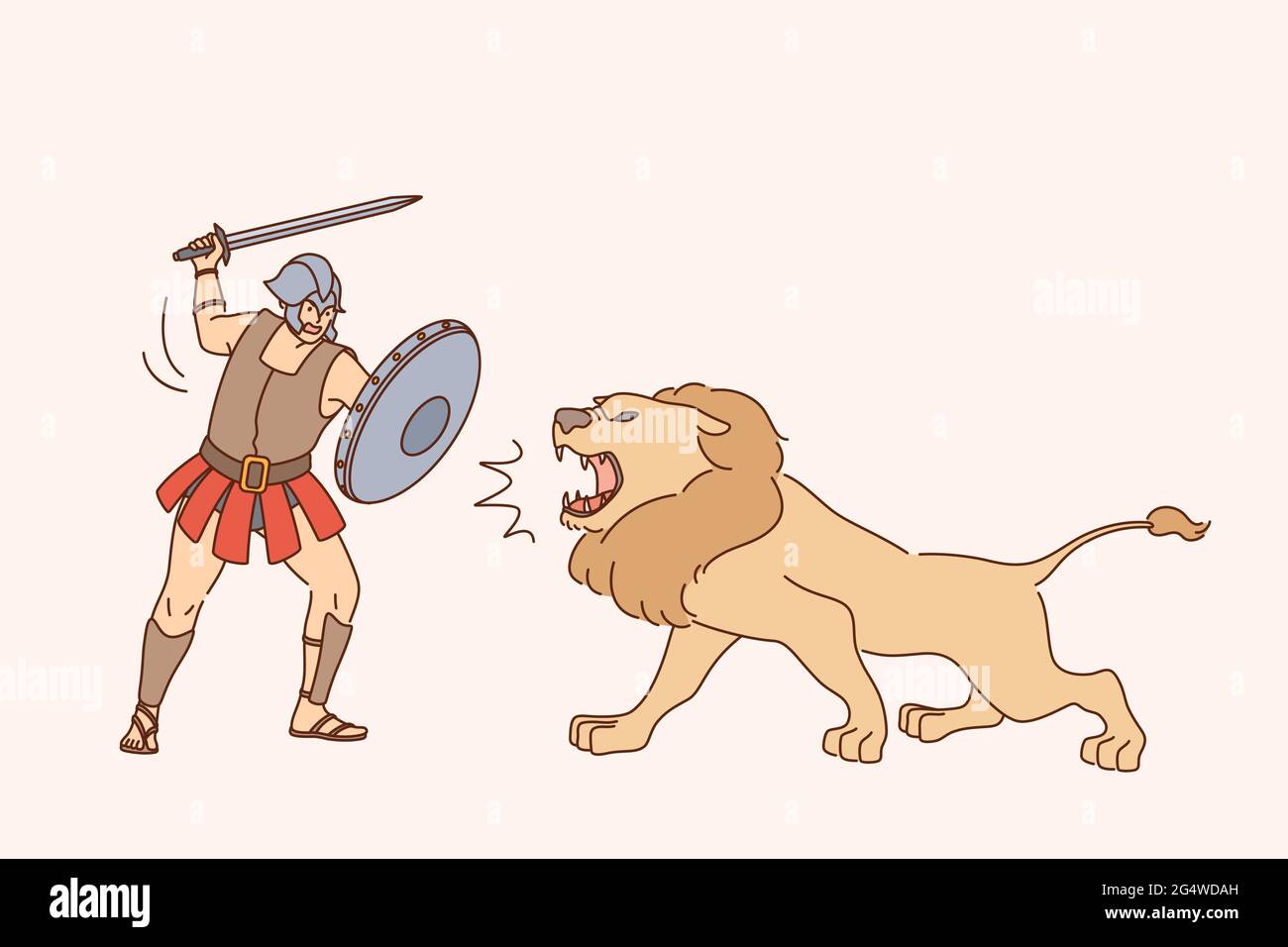 Gladiator avec le concept de combat de lion. Personnage de dessin animé jeune gladiateur en uniforme spécial debout et en lutte avec le lion pendant l'illustration du vecteur de spectacle Illustration de Vecteur