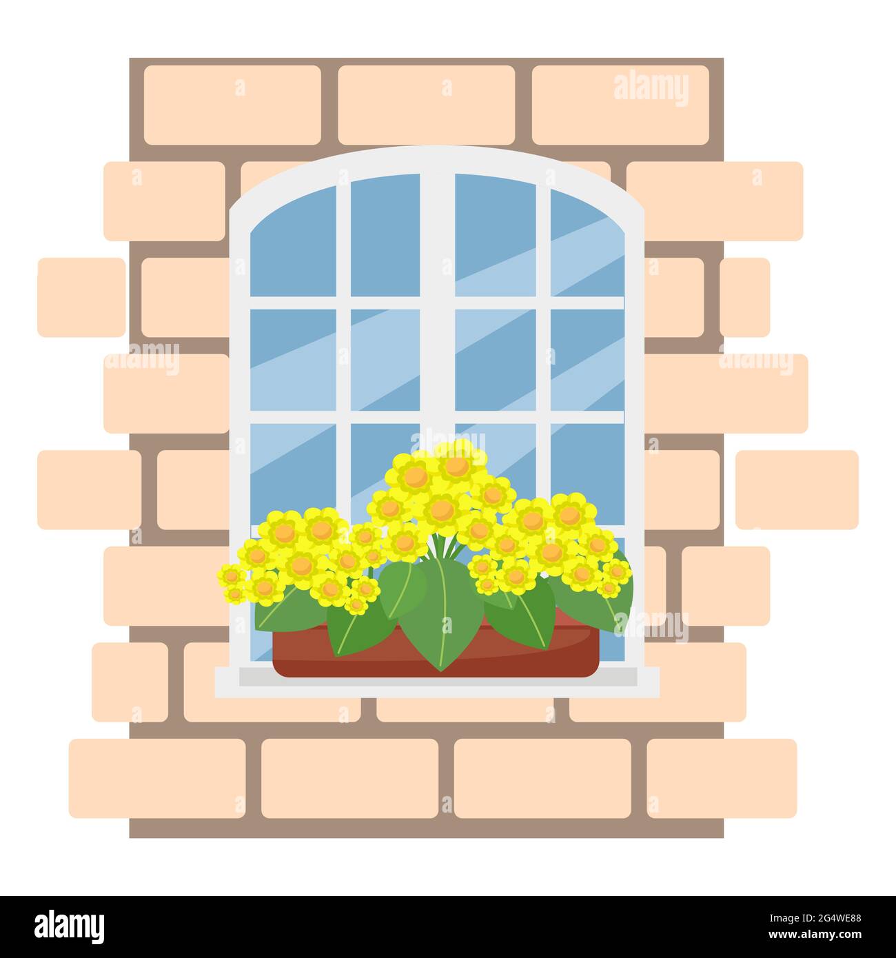 Boîte avec fleurs jaunes sur la fenêtre, mur de briques avec fenêtre blanche, illustration vectorielle de style plat, dessin animé, isolé Illustration de Vecteur