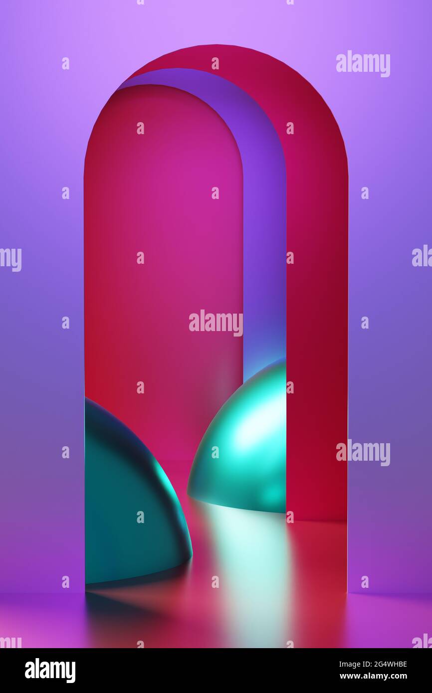 Arches colorées et sphères vertes. Illustration 3D Banque D'Images