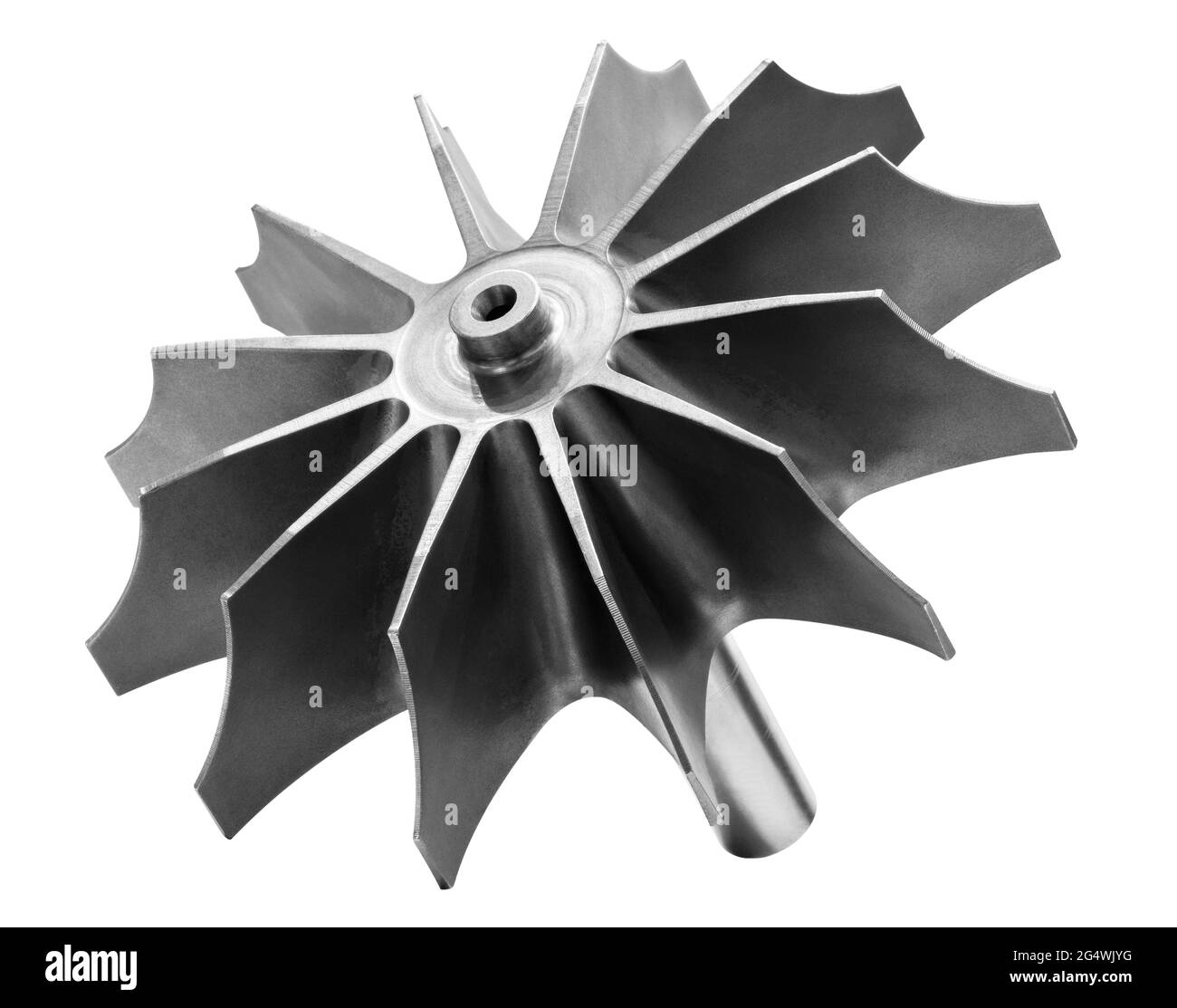 Concept de travail des métaux industriels, turbine à aubes isolée sur fond blanc Banque D'Images