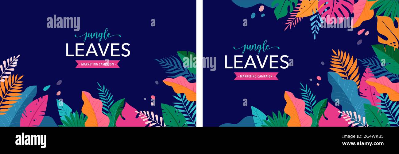 Hello Summer concept design, panorama d'été, illustration abstraite avec feuilles exotiques de jungle, design coloré, fond d'été et bannière Illustration de Vecteur