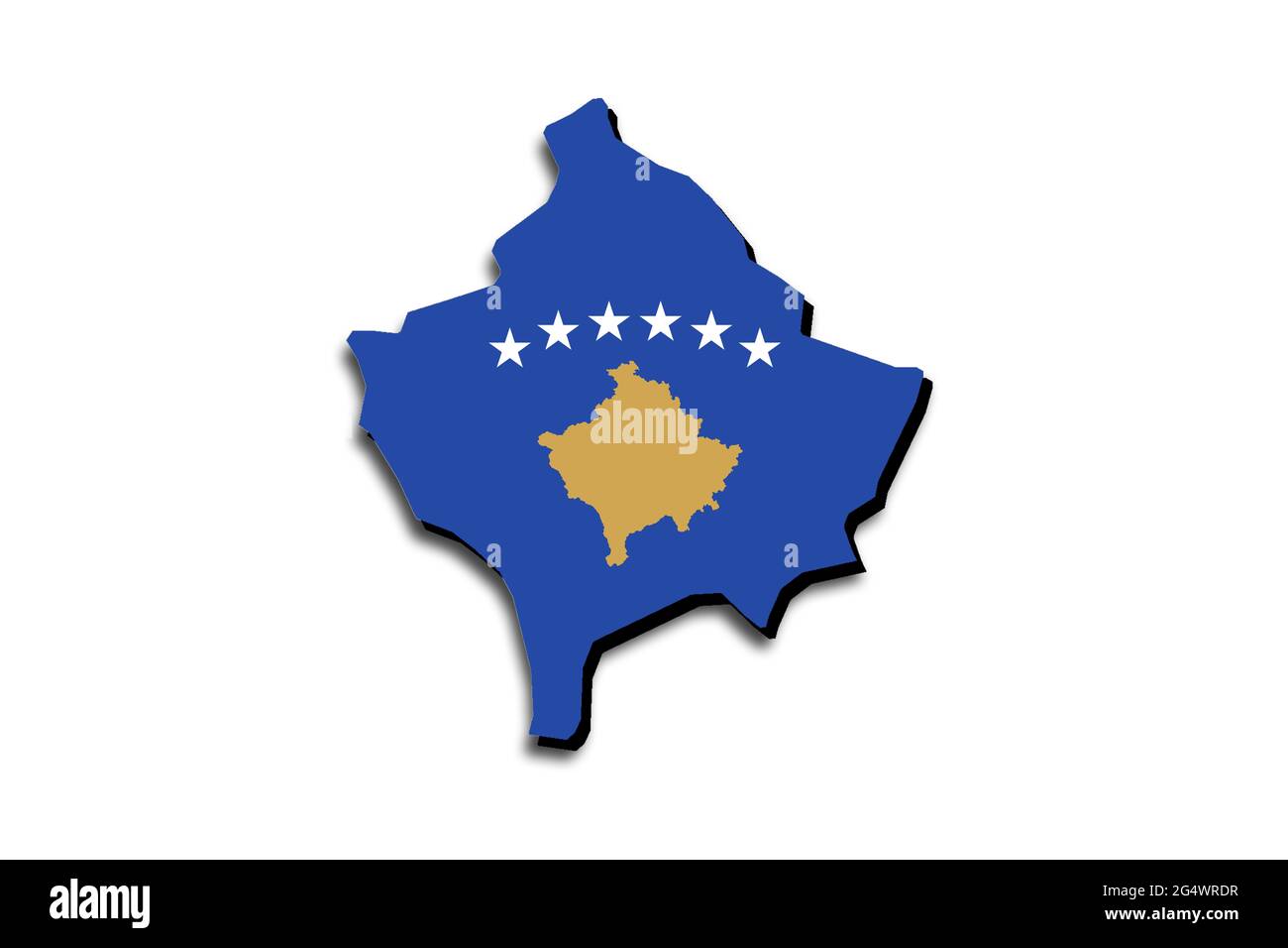 Carte du Kosovo avec le drapeau national superposé sur le pays. Graphiques 3D projetant une ombre sur l'arrière-plan blanc Banque D'Images