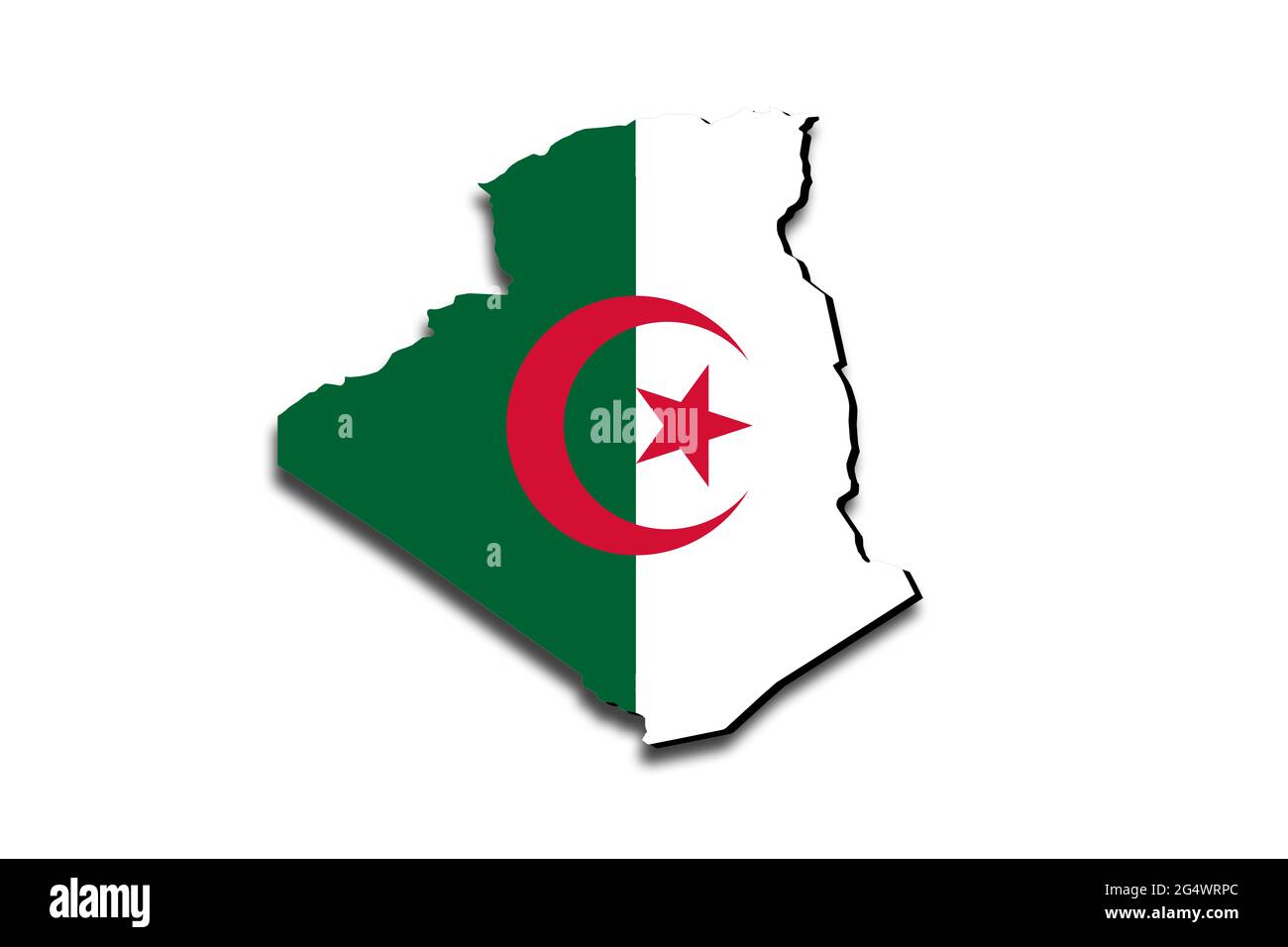 Carte de l'Algérie avec le drapeau national superposé sur le pays. Graphiques 3D projetant une ombre sur l'arrière-plan blanc Banque D'Images