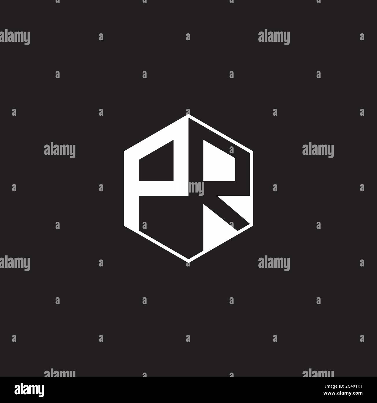 Logo PR monogramme hexagonal avec arrière-plan noir, style espace négatif Illustration de Vecteur