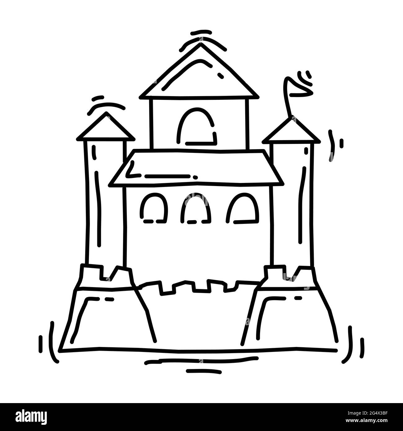 Terrain de jeu pour enfants château, jouer, enfants, jardin d'enfants. Jeu d'icônes dessiné à la main, contour noir, icône de doodle, dessin d'icône de vecteur. Illustration de Vecteur