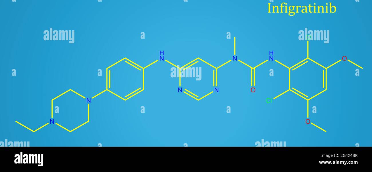 Infigratinib est un médicament anti-cancer utilisé pour traiter le cholangiocarcinome (cancer du canal biliaire). Inhibiteur de tyrosine kinase, FGFR1, FGFR2, FGFR3 Banque D'Images