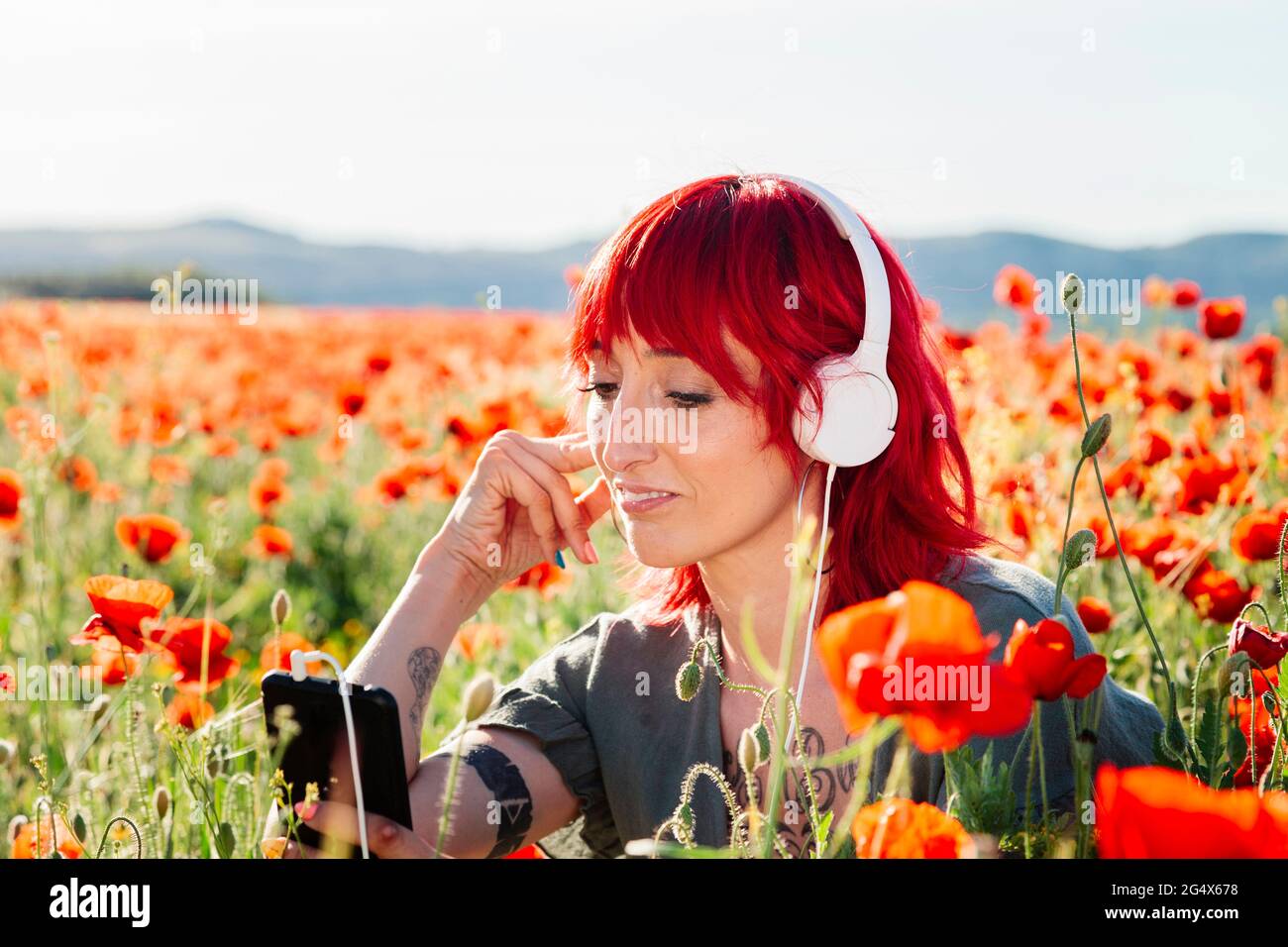 Jeune femme utilisant un téléphone portable tout en étant assise au milieu de la plante de coquelicot pendant la journée ensoleillée Banque D'Images