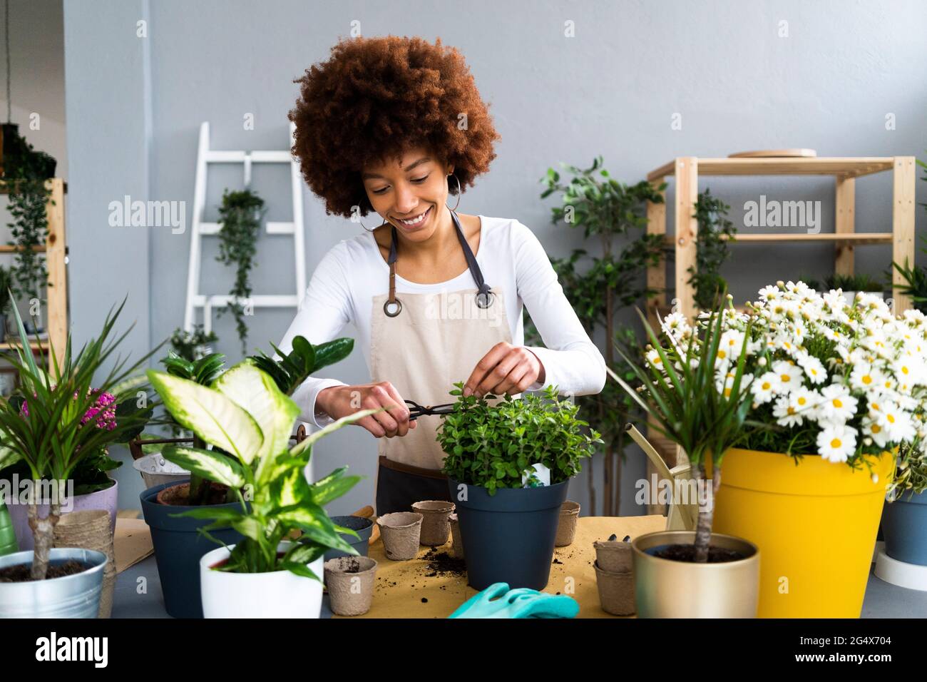 Une fleuriste souriante taille une plante en pot au magasin Banque D'Images