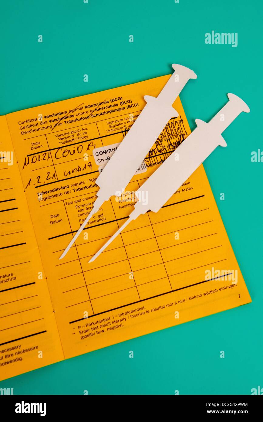 Certificat de vaccination et découpes de papier 2D de seringues blanches Banque D'Images
