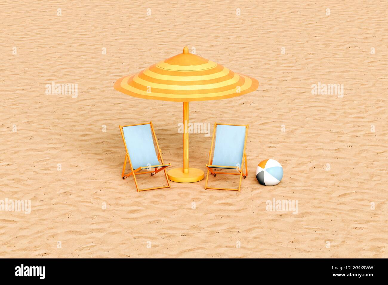 Parasol, deux chaises longues vides et ballon de plage sur une plage de sable Banque D'Images