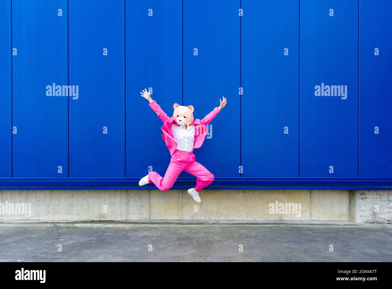 Femme portant un costume rose vif et un masque d'ours sautant contre le mur bleu Banque D'Images