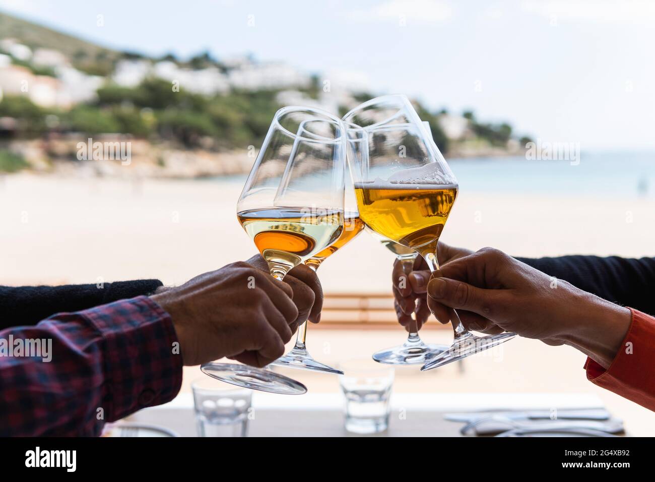 Des amis masculins et féminins se sont même laboués de verres à vin au restaurant de la plage Banque D'Images