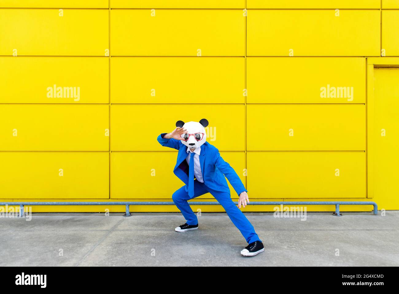 Homme portant un costume bleu vif et un masque de panda debout en position de combat devant le mur jaune Banque D'Images