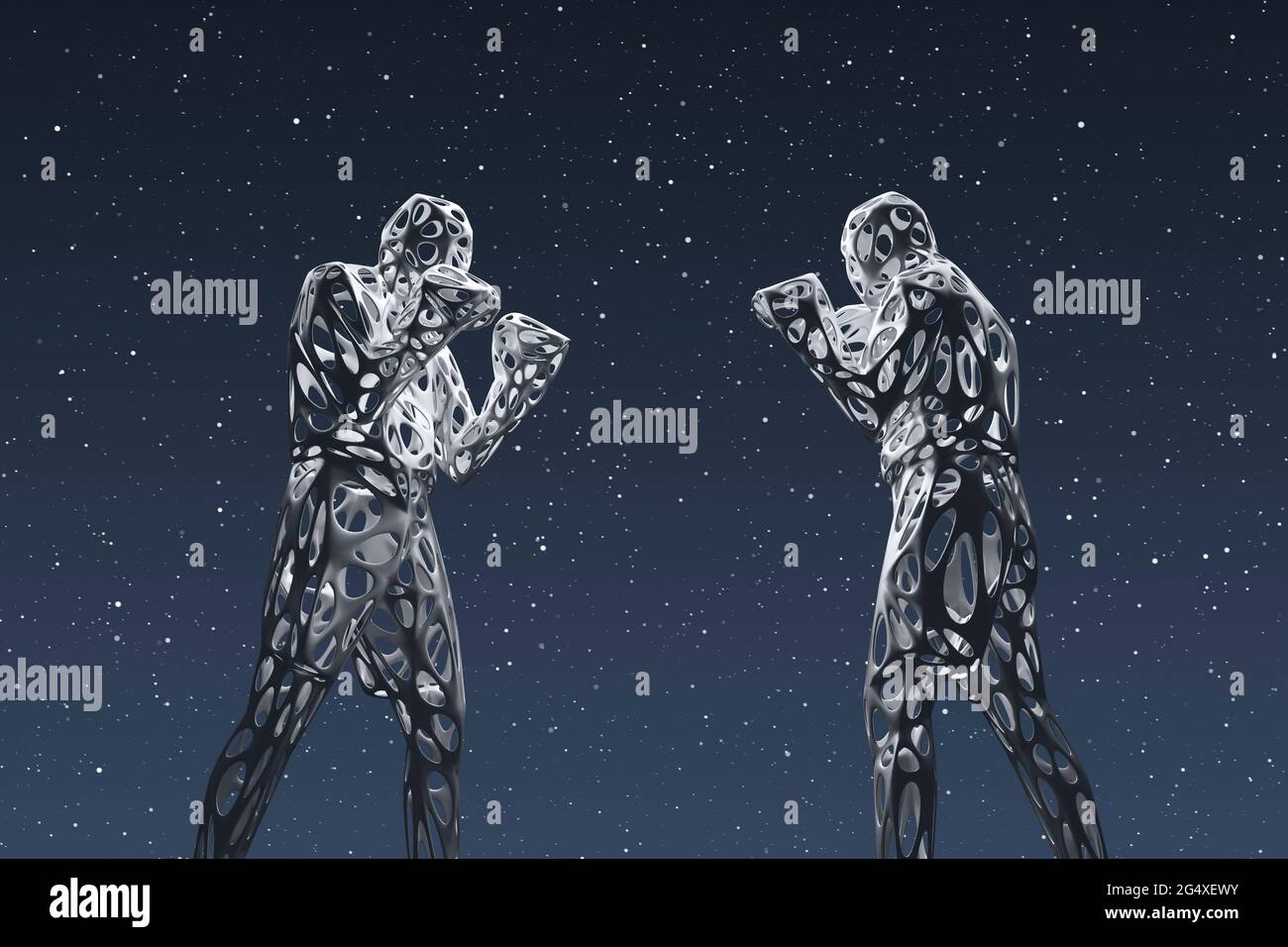 Rendu tridimensionnel de deux hommes filaires se préparant à lutter contre le ciel étoilé la nuit Banque D'Images Rendu tridimensionnel de deux hommes filaires se préparant à lutter contre le ciel étoilé la nuit Banque D'Images