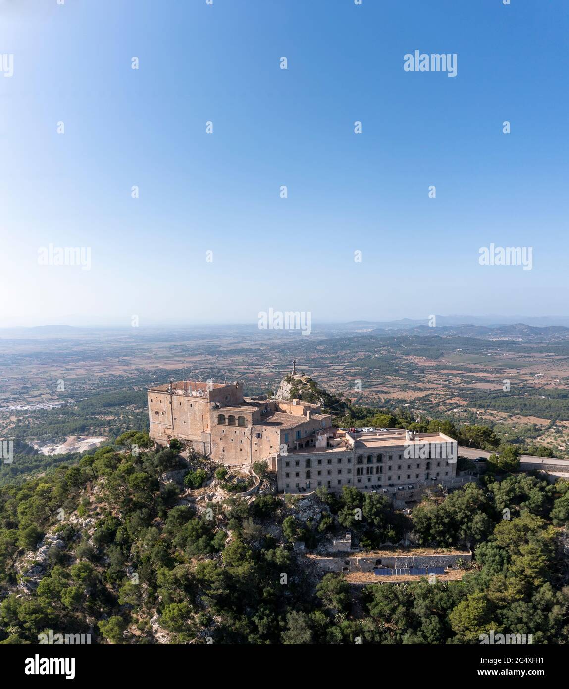 Espagne, Iles Baléares, vue en hélicoptère du Sanctuaire de Sant Salvador Banque D'Images