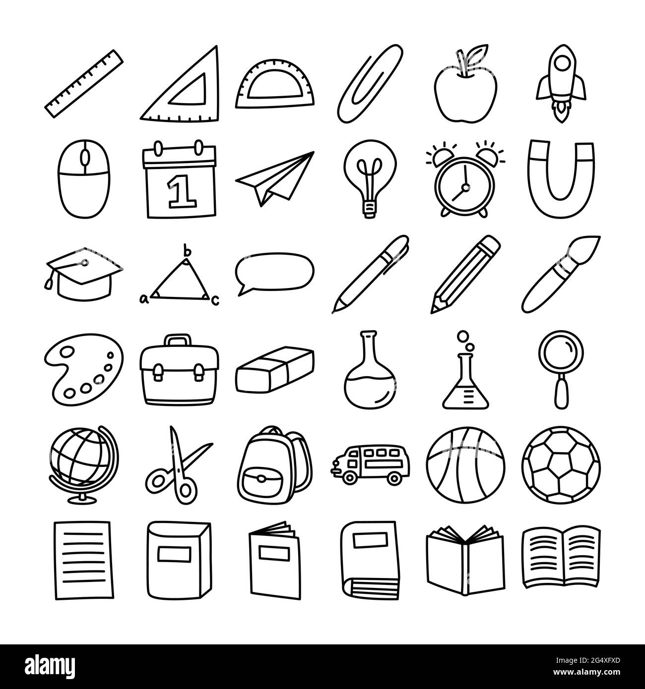 Style doodle de l'ensemble d'icônes de rentrée. Éducation des objets dessinés à la main et des symboles avec une ligne mince. Illustration de Vecteur