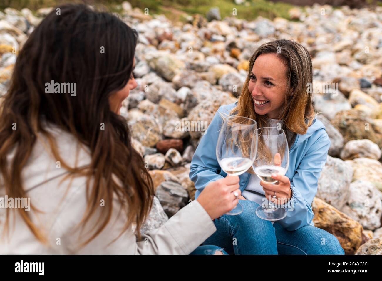 Des amis souriants qui toastent des verres de vin tout en étant assis sur des pierres à la plage Banque D'Images