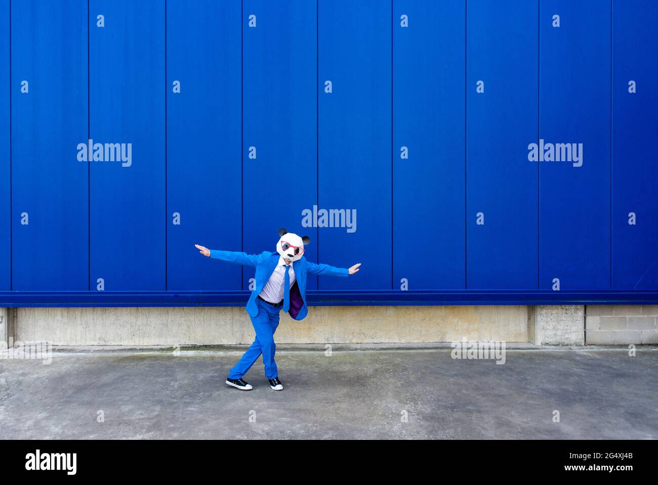 Homme portant un costume bleu vif et un masque de panda debout à l'extérieur avec des bras relevés Banque D'Images