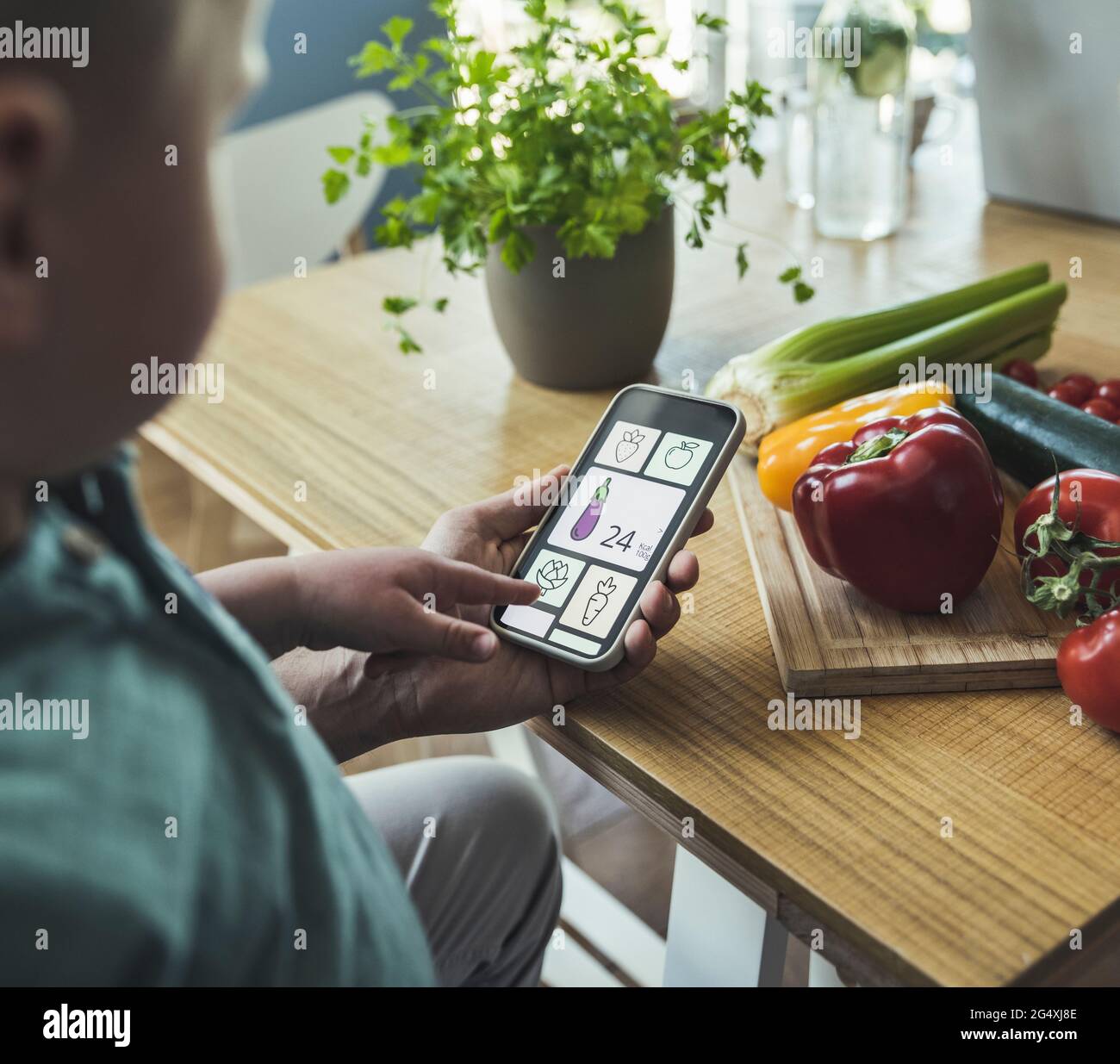 Garçon avec un père pointant sur une image végétale sur un smartphone Banque D'Images