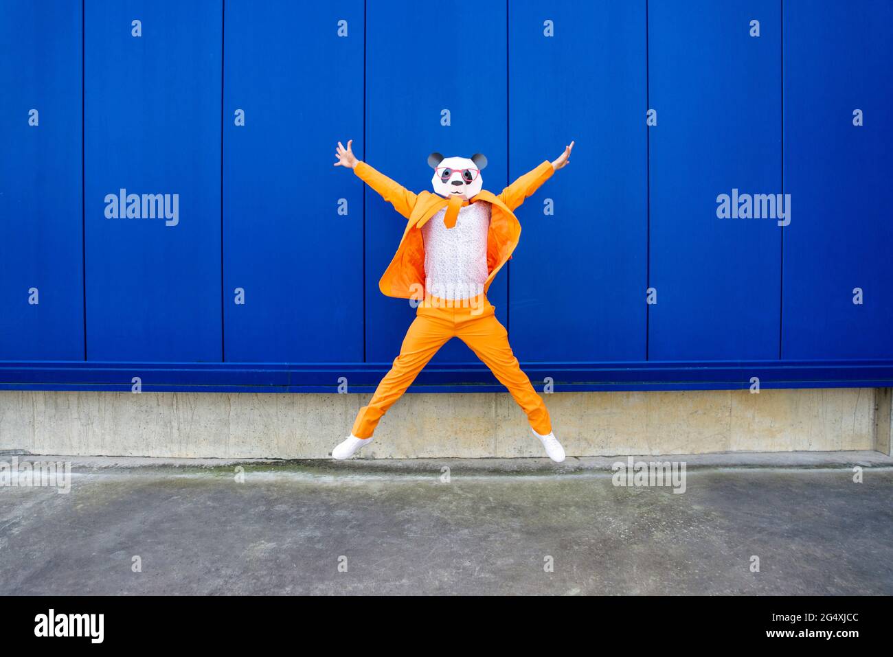 Homme portant un costume orange vif et un masque de panda sautant contre le mur bleu Banque D'Images