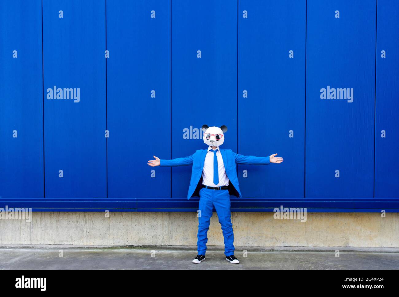 Homme portant un costume bleu vif et un masque de panda debout à l'extérieur avec des bras ouverts Banque D'Images