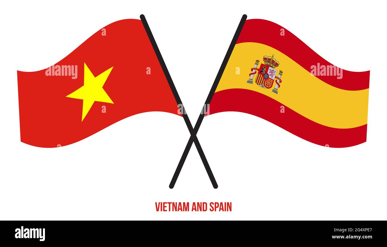 Vietnam et Espagne drapeaux croisés et ondulant le style plat. Proportion officielle. Corriger les couleurs. Illustration de Vecteur