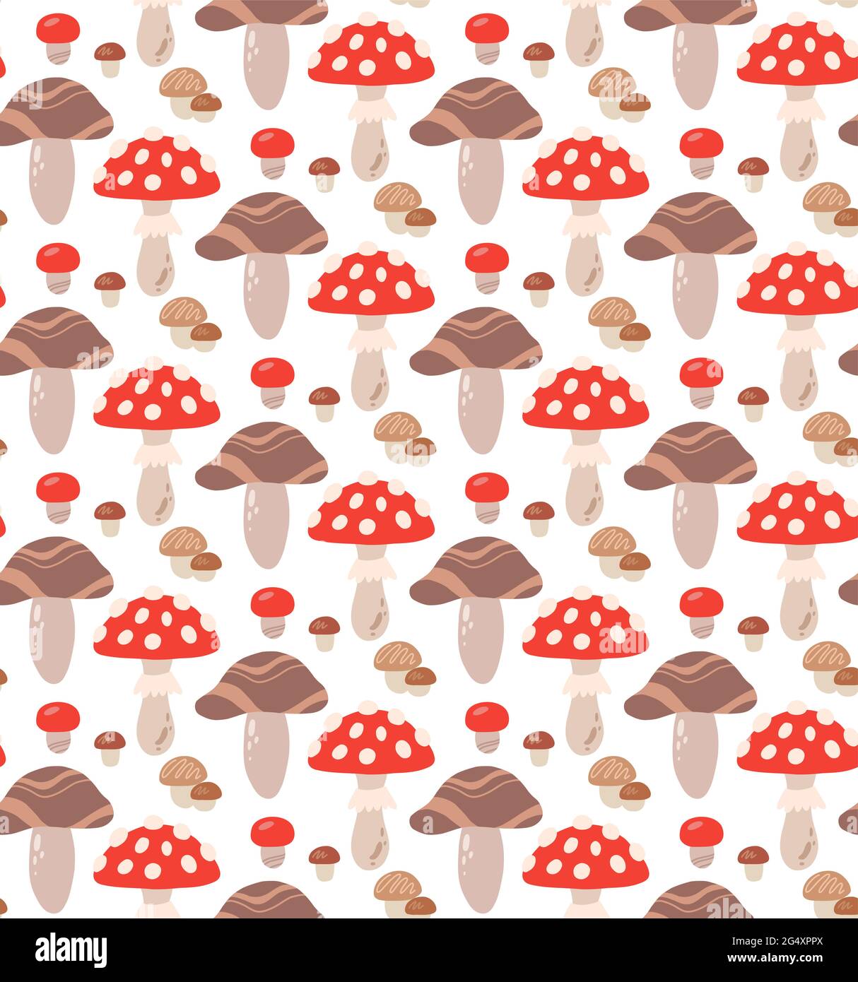 Motif de dessin animé sans couture avec champignons et amanitas sur fond blanc. Texture plane naturelle vectorielle. Tissu avec plantes forestières. Papier peint simple W Illustration de Vecteur