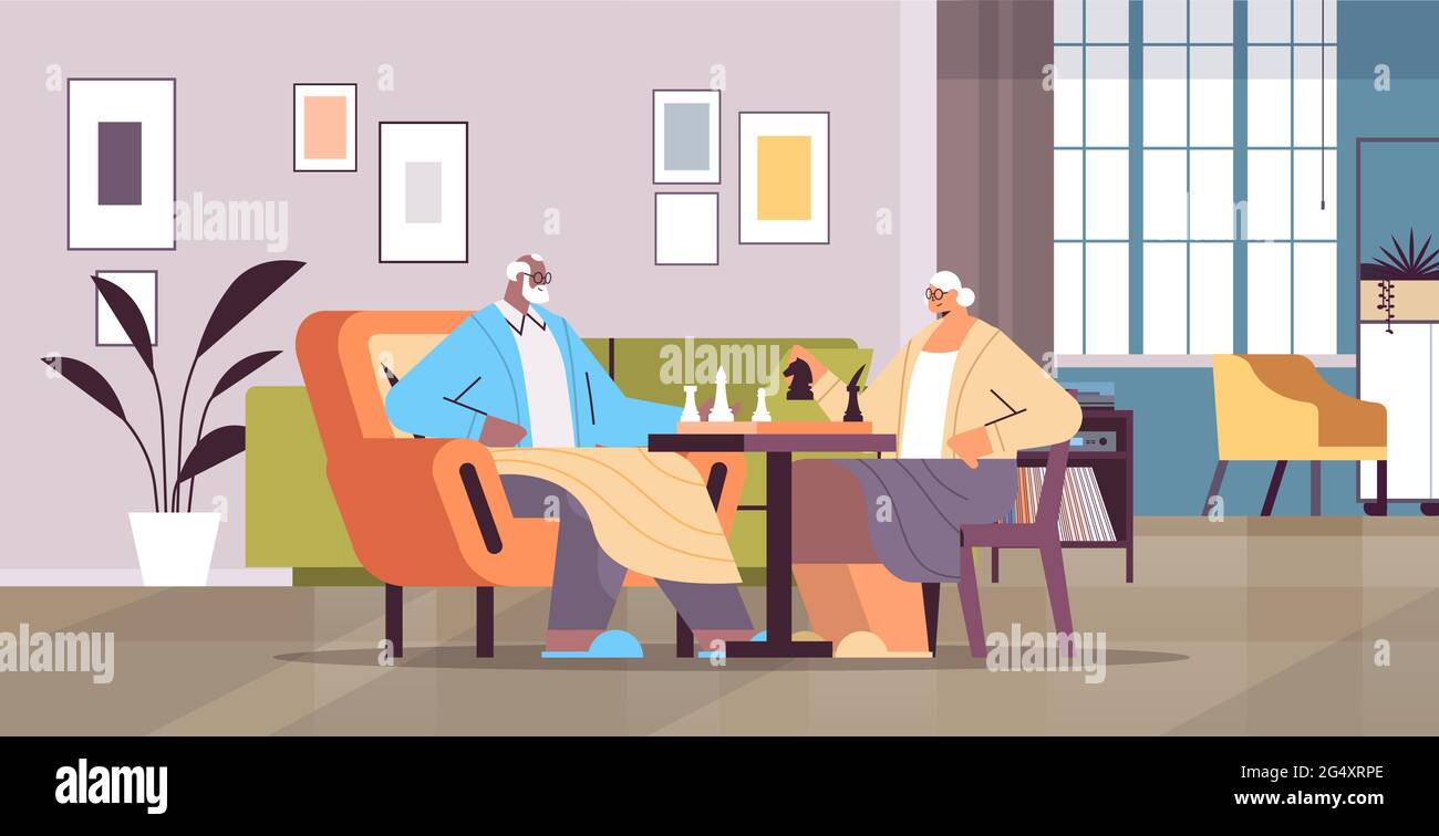 couple âgé jouant aux échecs homme senior femme passant du temps ensemble Illustration de Vecteur