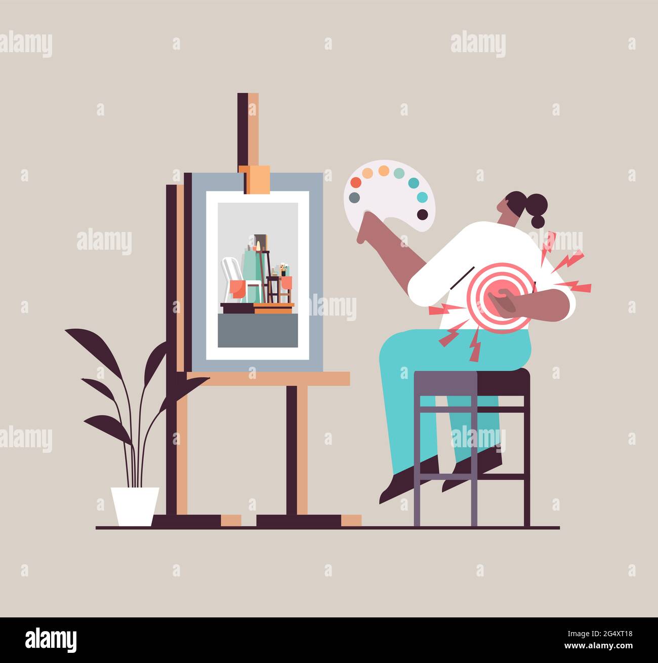 femme peintre souffrant de douleur dorsale inflammation des muscles concept douloureux inflammation zone soulignée en rouge Illustration de Vecteur