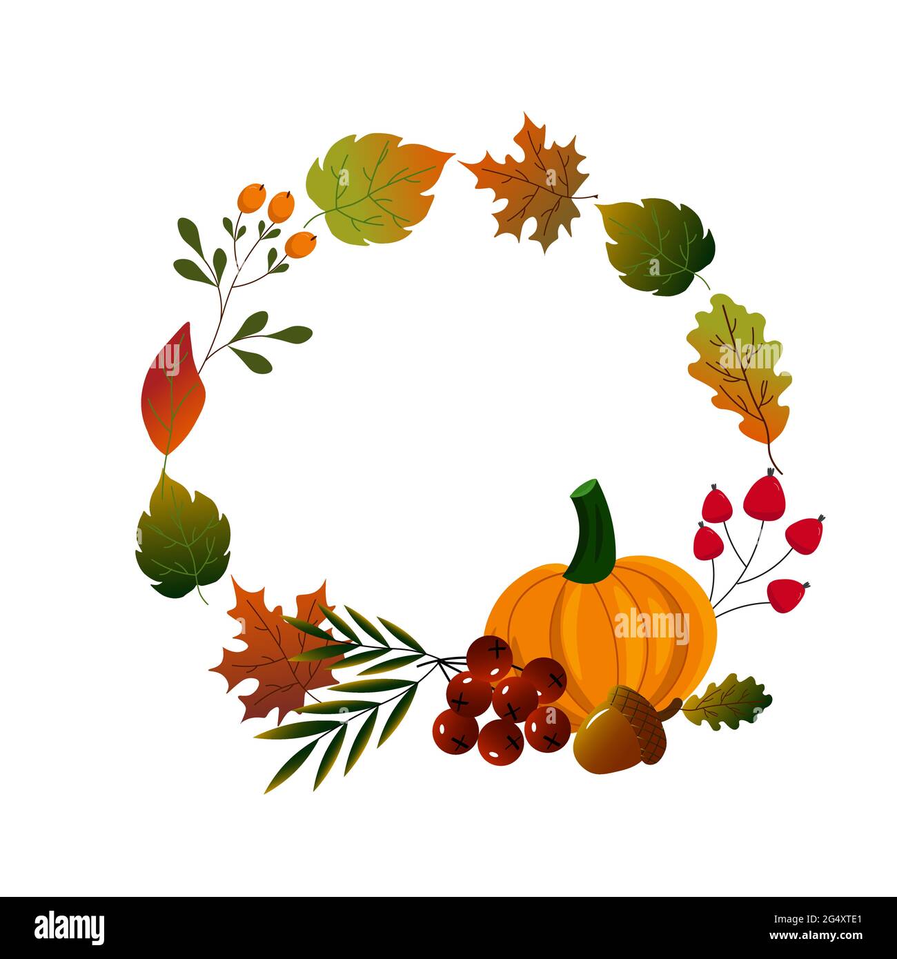 Cadre rond en feuilles d'automne avec citrouille. Illustration de Vecteur