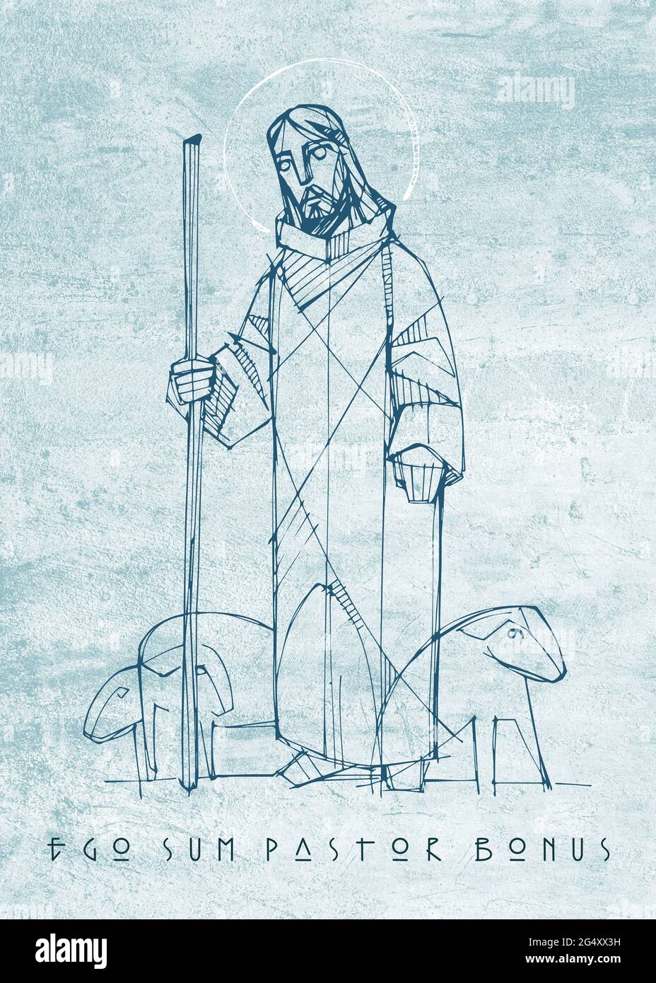 Illustration ou dessin à la main du bon Pasteur de Jésus-Christ et expression en latin qui signifie: Je suis le bon Pasteur Banque D'Images