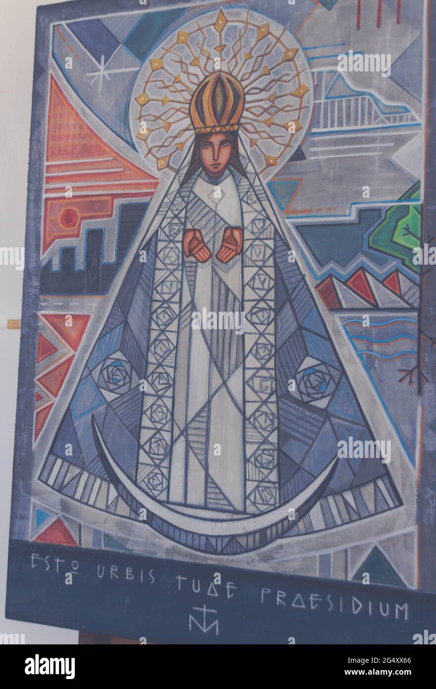 Peinture de la Vierge du Chêne, en espagnol Virgen del Roble, de Monterrey Mexique, et une phrase en latin qui signifie: Être la protection de notre ville Banque D'Images