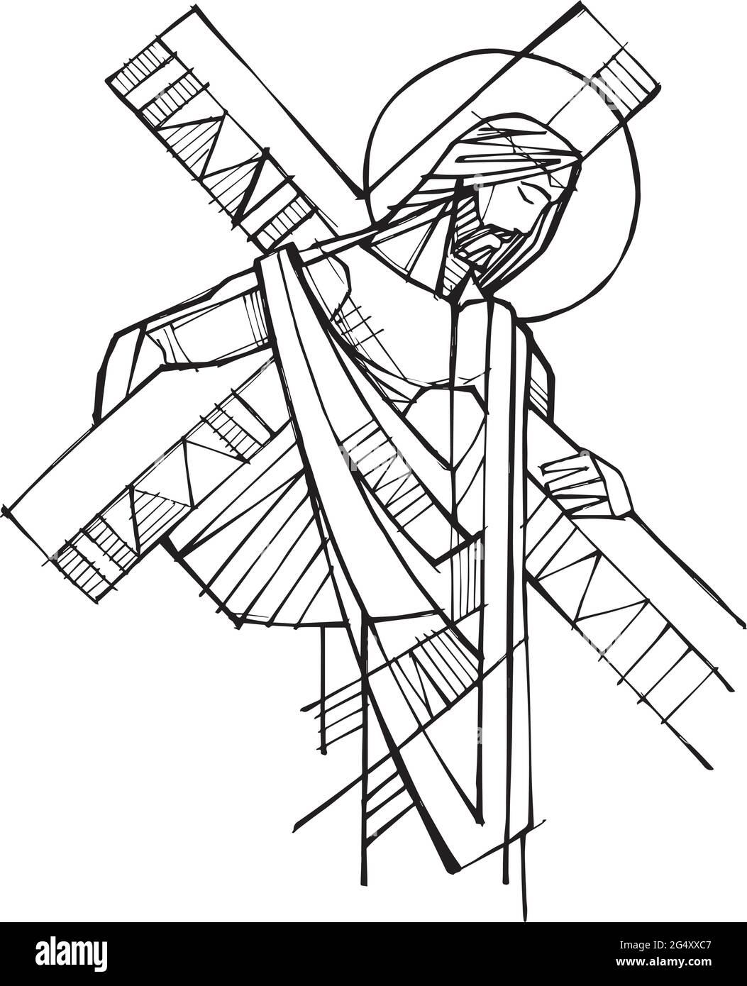 Illustration vectorielle dessinée à la main ou dessin de Jésus-Christ avec la Croix dans sa passion Illustration de Vecteur