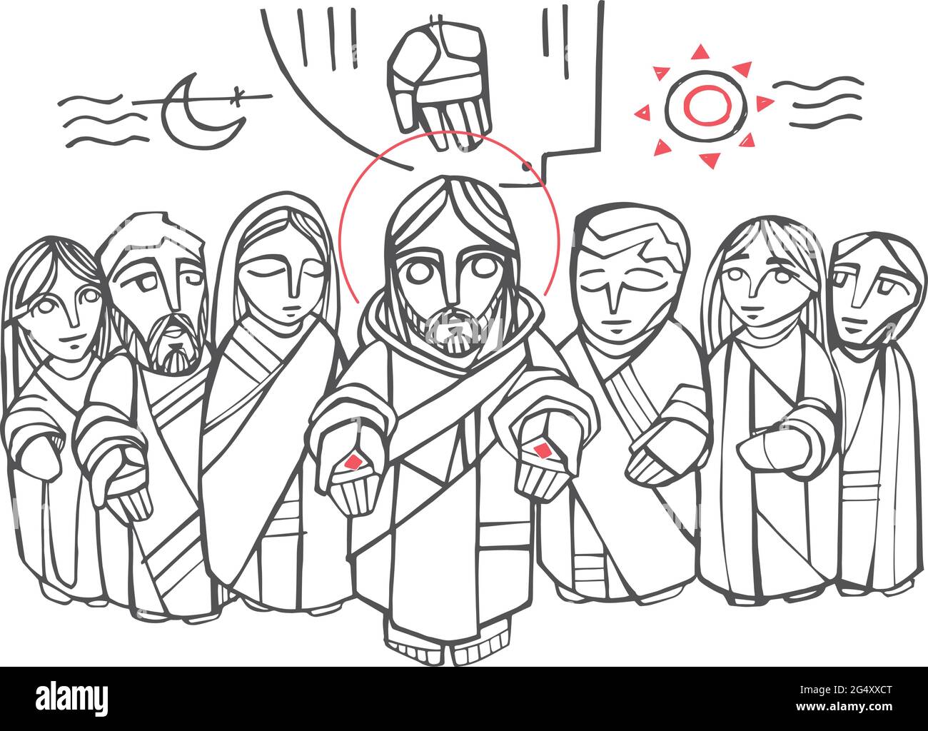 Illustration vectorielle ou dessin à la main de Jésus-Christ, de la Vierge Marie, des disciples et des symboles religieux chrétiens Illustration de Vecteur