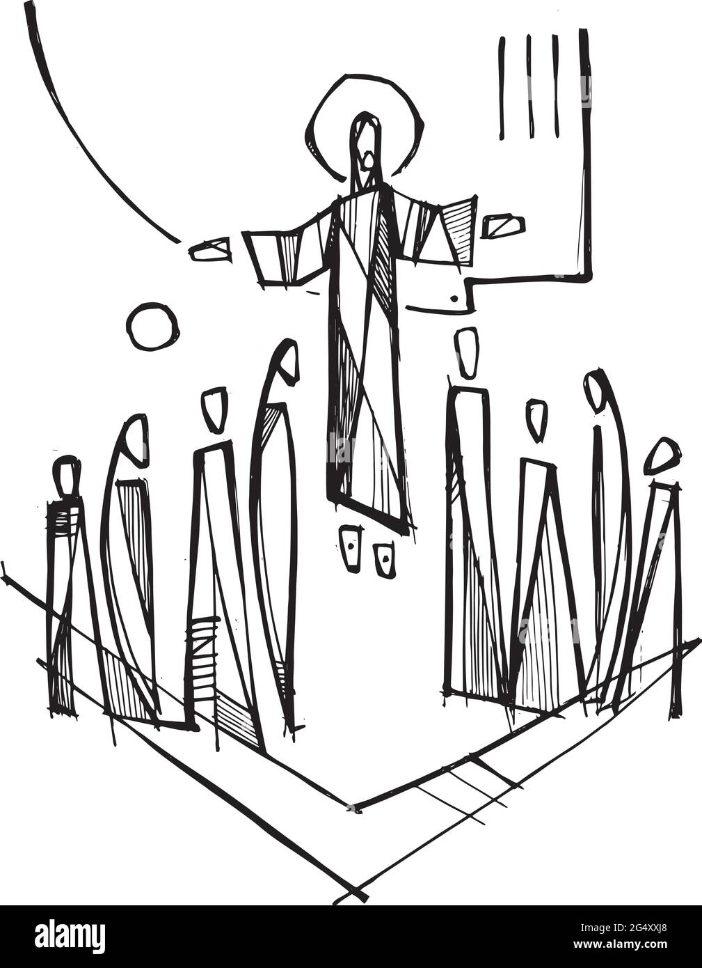 Illustration vectorielle dessinée à la main ou dessin de Jésus-Christ avec des apôtres à son ascension Illustration de Vecteur