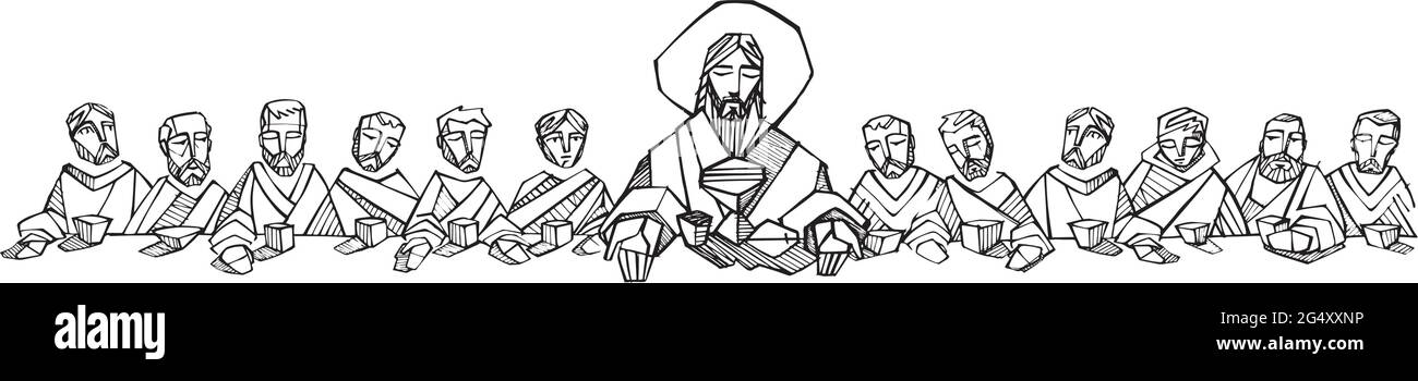 Illustration ou dessin à la main de Jésus-Christ avec des disciples à la Cène Illustration de Vecteur