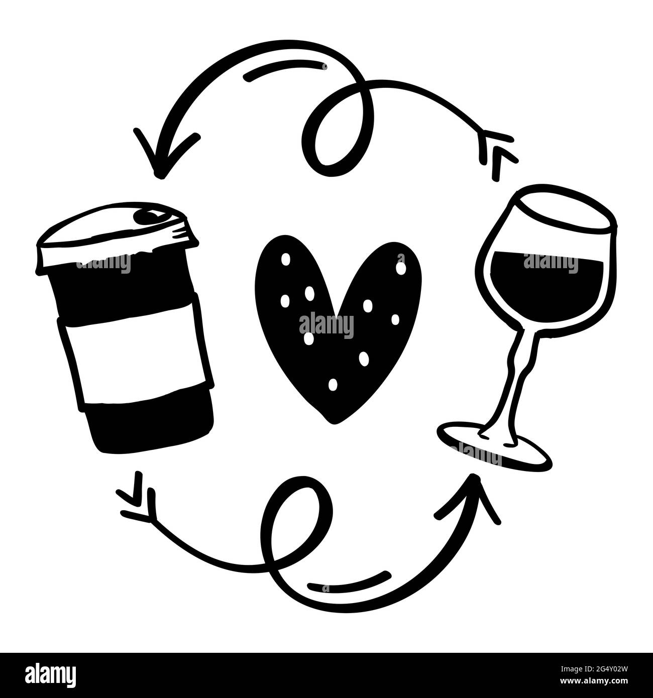 commencez par le café, terminez par le cercle de vie du vin. Café, vin répété - concept avec tasse de café. Bon pour la réservation de rebut, les affiches de motivation, les textiles, gif Illustration de Vecteur