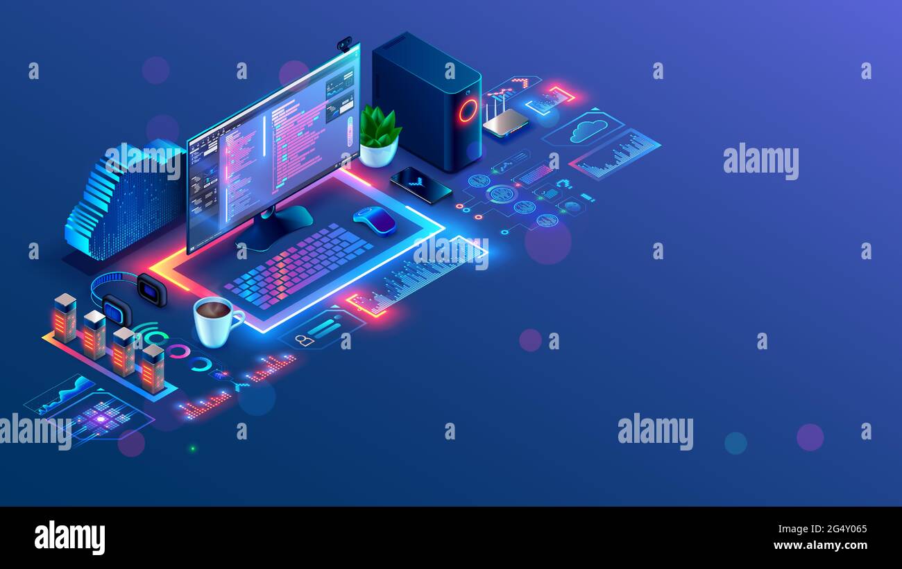 Logiciel, développement web, concept de programmation. Code de programme API dans l'environnement de développement sur l'écran PC. Bureau ou lieu de travail du programmeur. En ligne Illustration de Vecteur