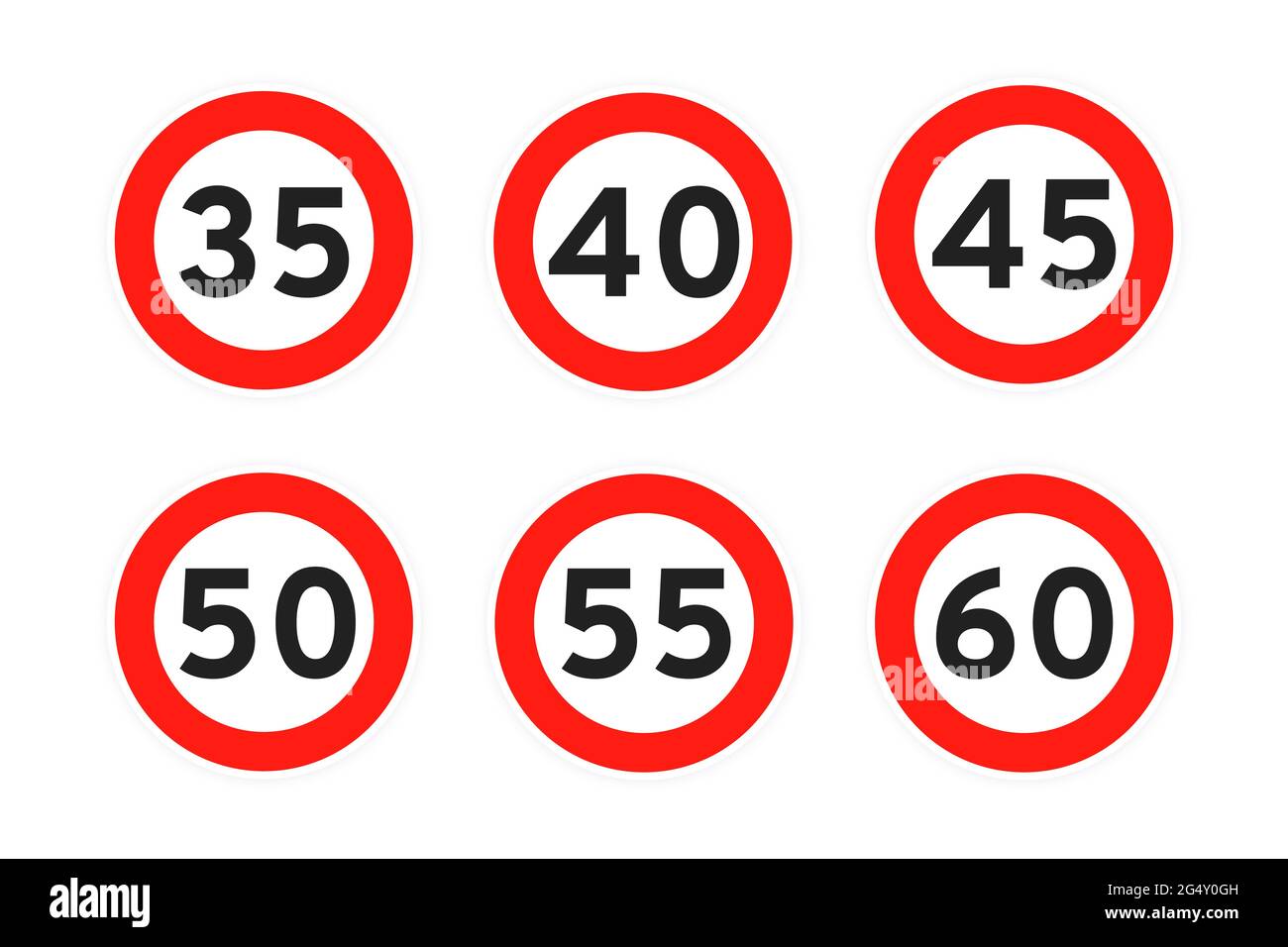 Limite de vitesse 35, 40, 45, 50, 55, 60 route ronde icône signe de la route plate style design vecteur illustration ensemble isolé sur fond blanc. Cercle standard Illustration de Vecteur