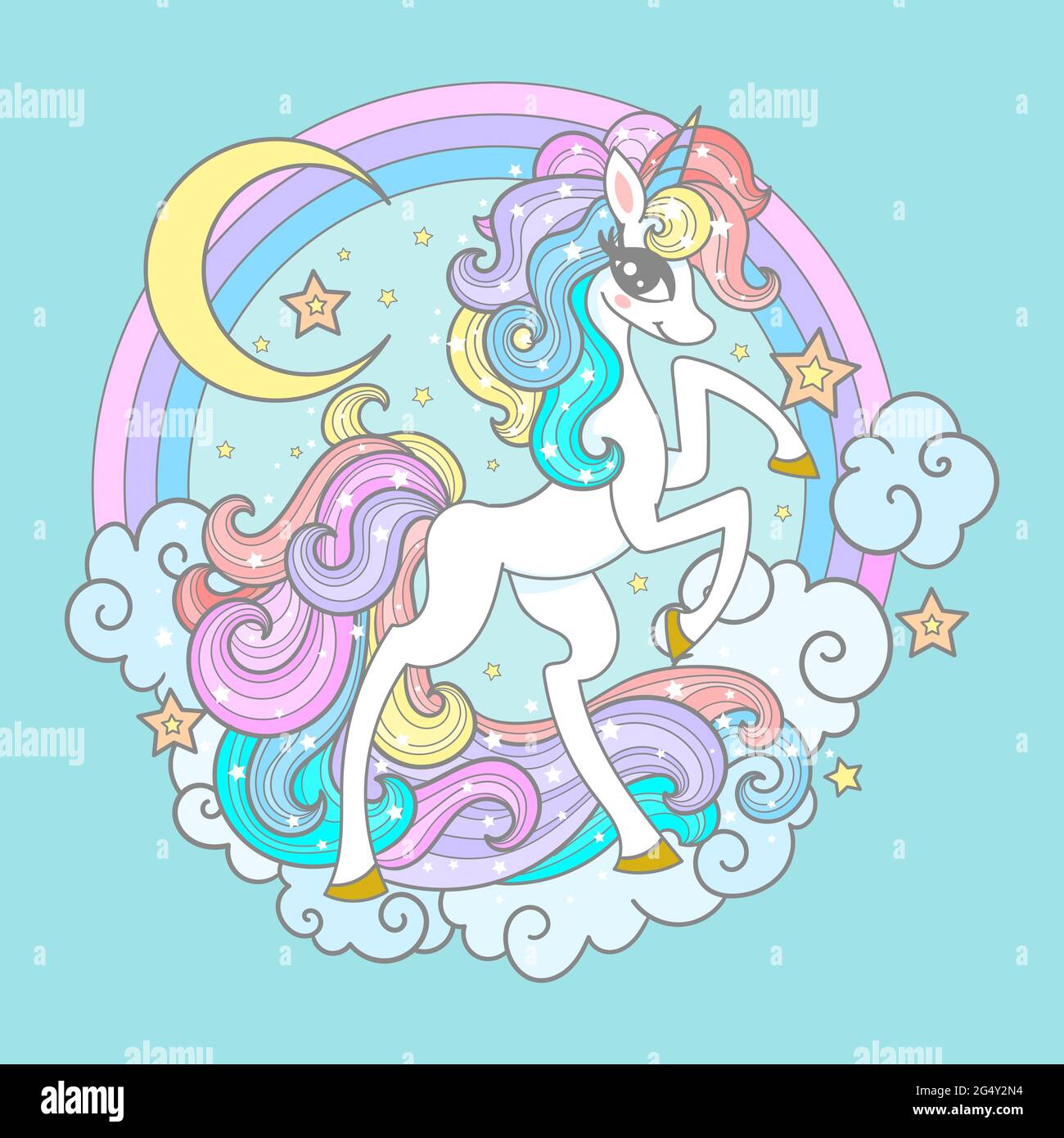 Une belle licorne blanche avec une forme arc-en-ciel. Composition ronde. Vecteur Illustration de Vecteur