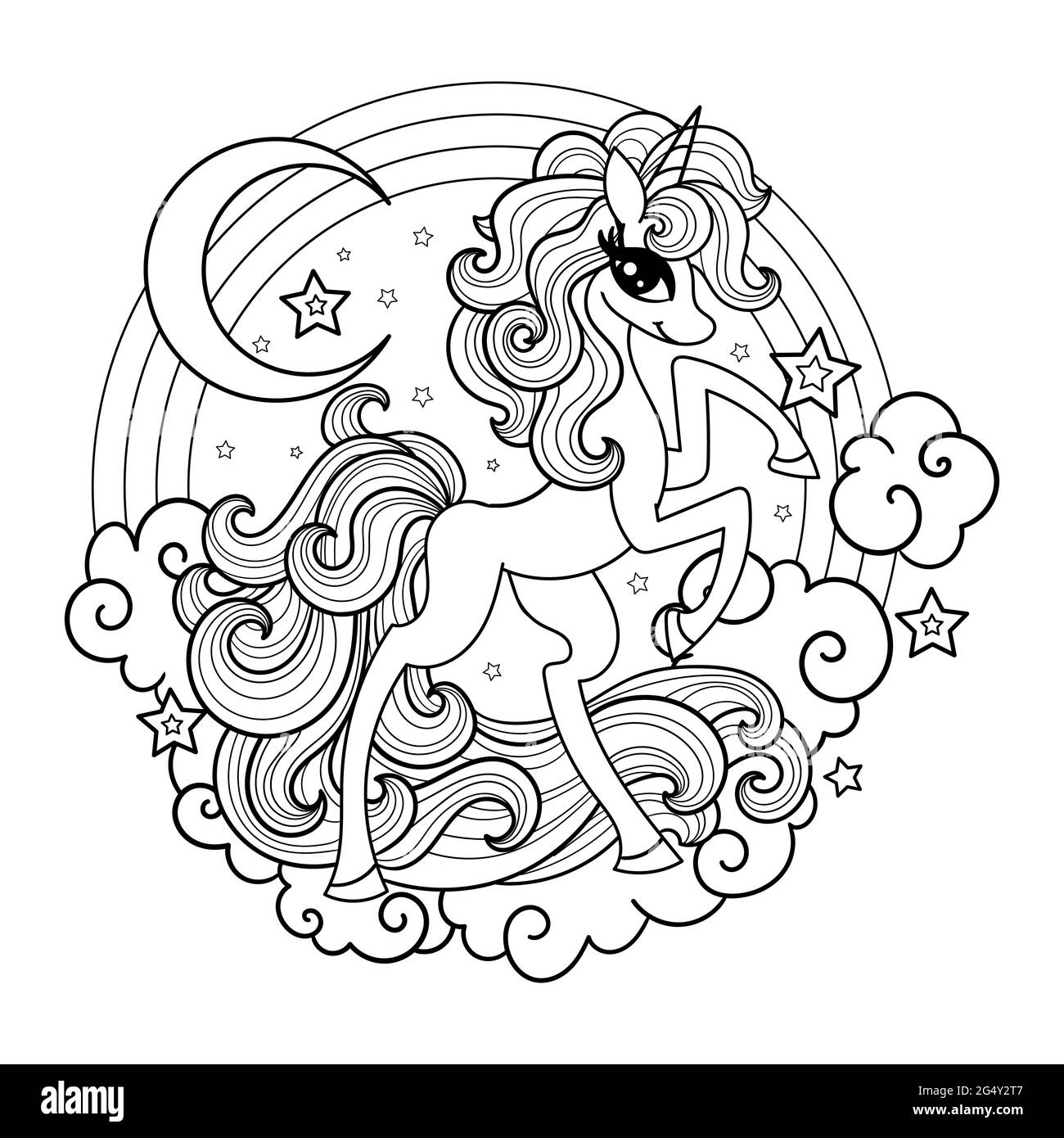 Belle licorne sur les nuages. Composition ronde. Dessin linéaire noir et blanc. Vecteur Illustration de Vecteur