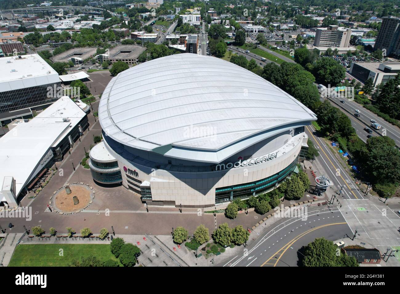 Une vue aérienne du Moda Centre, le mercredi 23 juin 2021, à Portland, L'arène accueille les Portland Trail Blazers. Banque D'Images