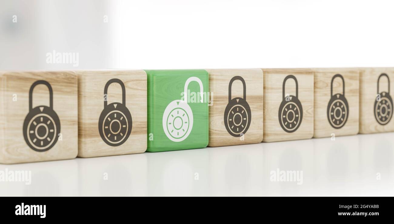 illustration du rendu 3d des cubes en bois avec verrous fermés et ouverts Banque D'Images