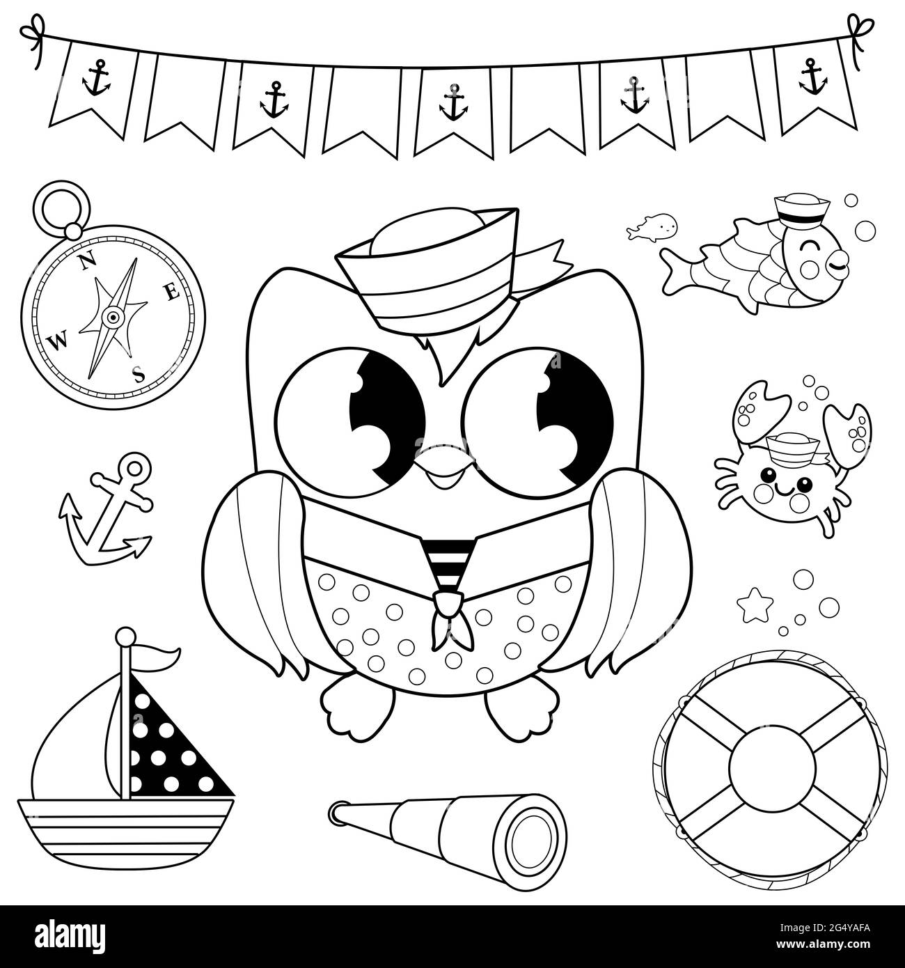 Ensemble marin à motif vectoriel mignon avec oiseau hibou marin. Page de couleur noir et blanc Banque D'Images