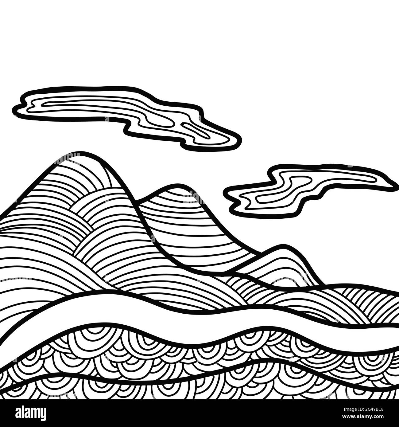 Paysage abstrait de la chaîne de montagnes. Vue panoramique. Composition carrée. Illustration de ligne simple style Doodle vectoriel Illustration de Vecteur