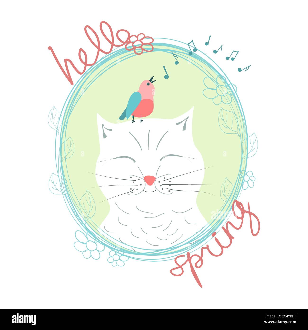 chat heureux blanc avec les yeux fermés, oiseau chanteur rose avec des ailes bleues, signes de musique et inscription manuscrite hello spring en rose dans un ovale bleu fram Illustration de Vecteur