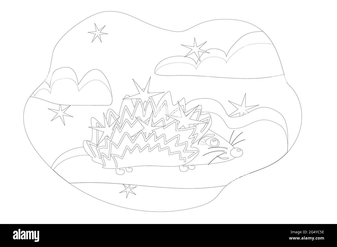 les enfants colorent un hérisson joyeux avec des étoiles sur son dos se dresse sur un nuage contre le fond du ciel avec des étoiles Illustration de Vecteur