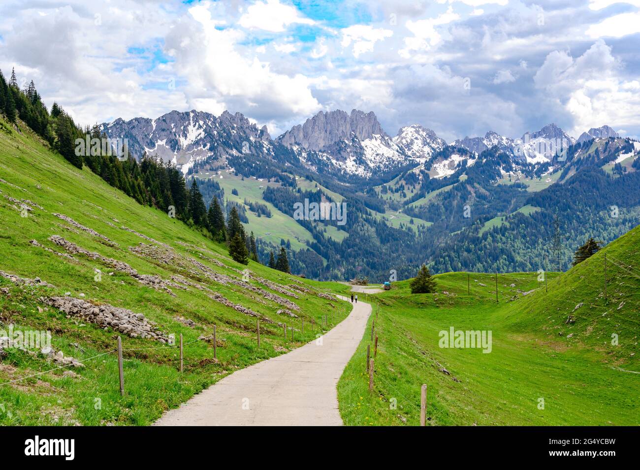 Vue sur les montagnes des alpes, ciel nuageux, champs verts par Jaun. Canton de Fribourg, Fribourg à proximité de bulle, Berne, Thun. Promenade à pied, bonne randonnée touristique. Banque D'Images